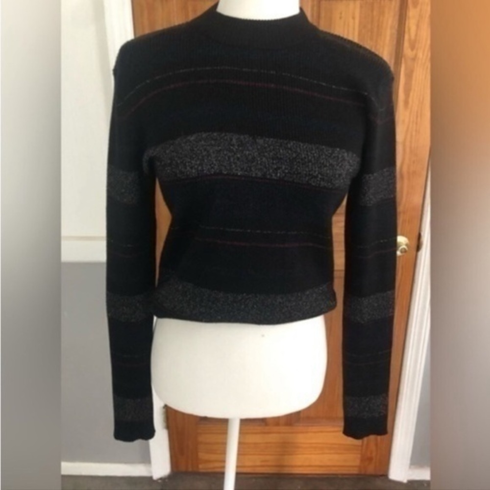House of Harlow 1960 Sweater Black Striped Silver Crewneck